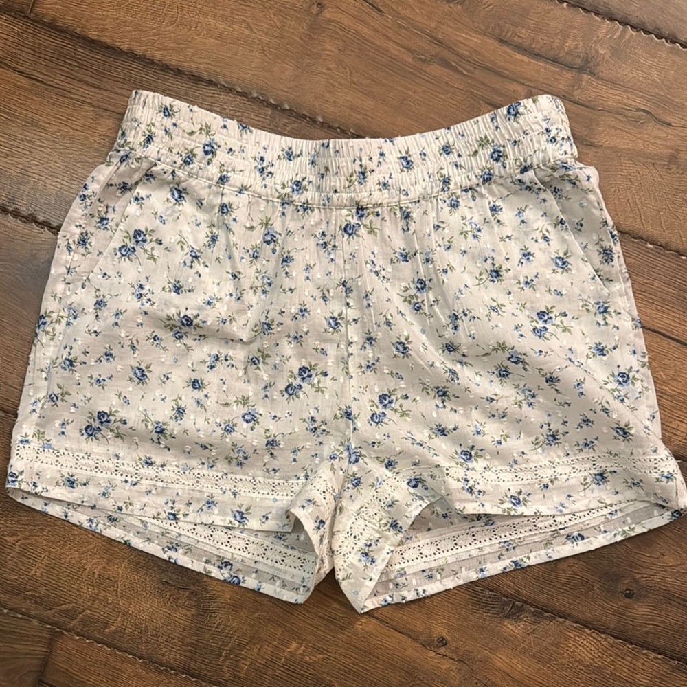 Floral White and Blue High Waist Shorts